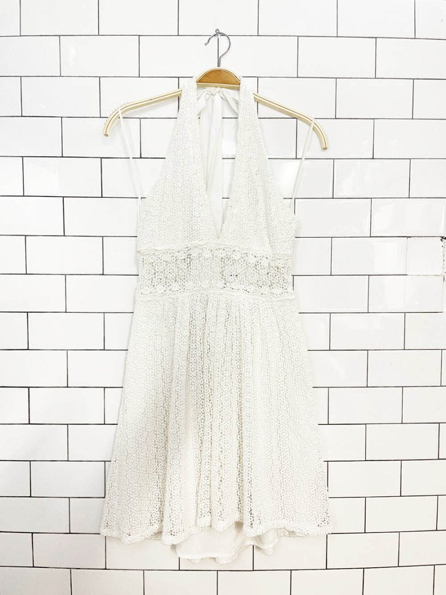 free people so sweetly crochet halter neck mini dress - good market thrift store