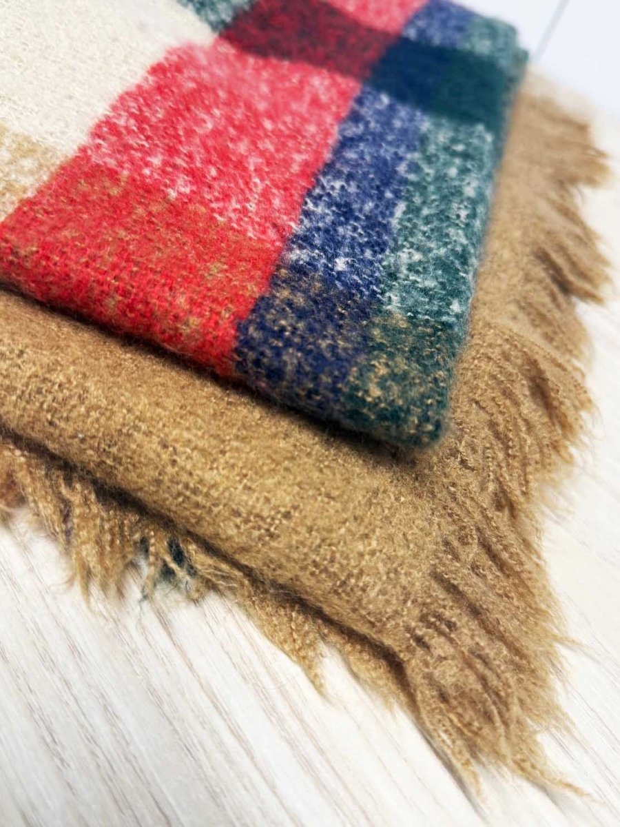 fuzzy woven plaid brushed fringe scarf - good market thrift store