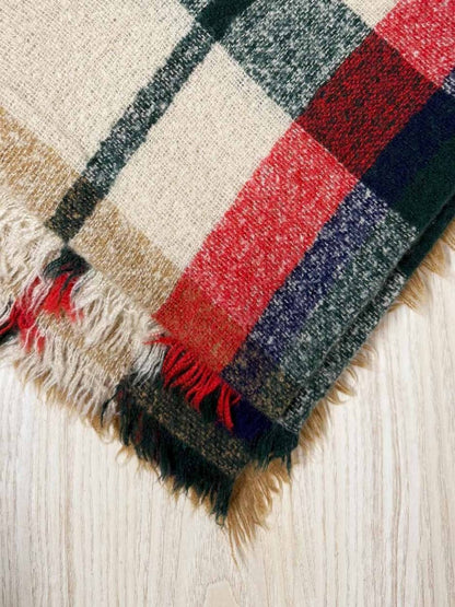 fuzzy woven plaid brushed fringe scarf - good market thrift store