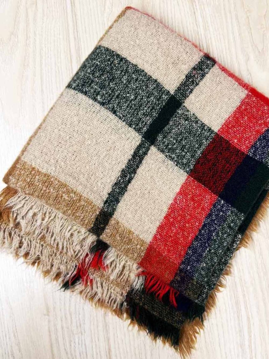 fuzzy woven plaid brushed fringe scarf - good market thrift store