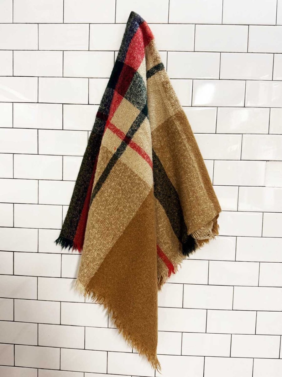 fuzzy woven plaid brushed fringe scarf - good market thrift store