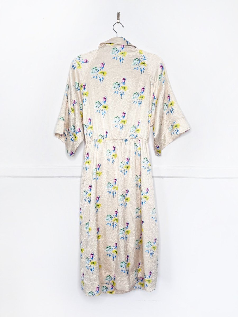 ganni crinkled satin floral belted wrap midi dress - good market thrift store