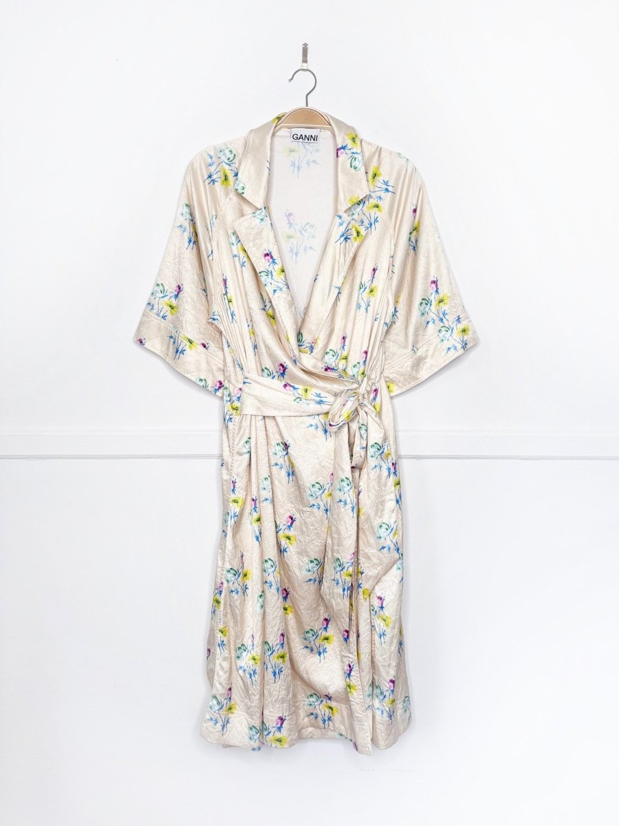 ganni crinkled satin floral belted wrap midi dress - good market thrift store