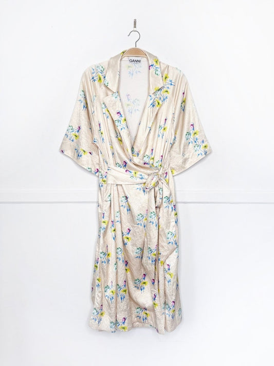 ganni crinkled satin floral belted wrap midi dress - good market thrift store