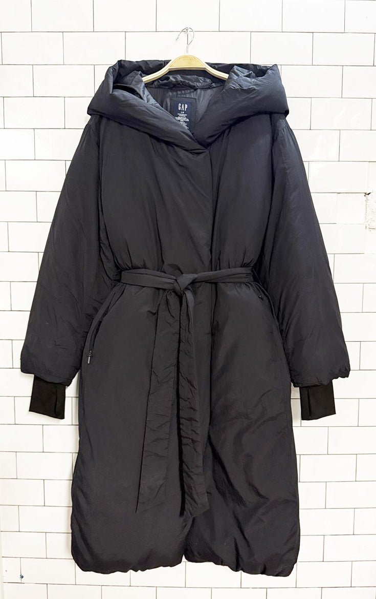 gap "big puff coat" snap button belted long puffer coat - good market thrift store