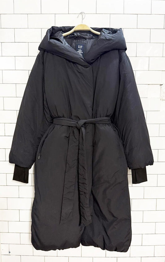 gap "big puff coat" snap button belted long puffer coat - good market thrift store