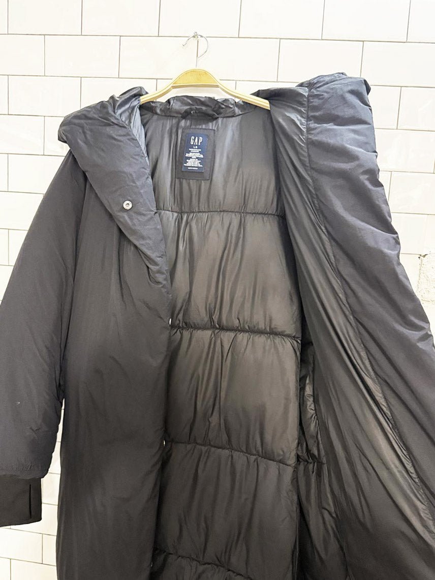 gap "big puff coat" snap button belted long puffer coat - good market thrift store
