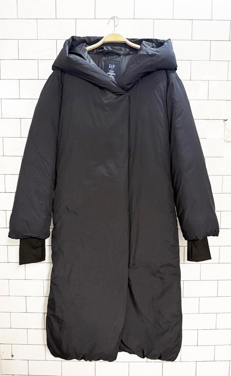 gap "big puff coat" snap button belted long puffer coat - good market thrift store