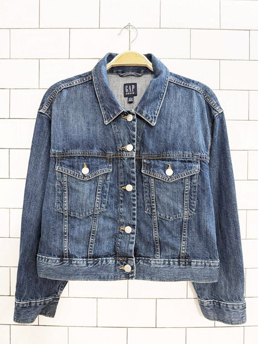 gap floral logo print full button denim jacket - good market thrift store