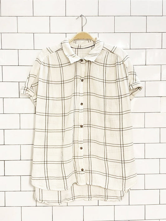 gauze cotton window pane plaid full button shirt - good market thrift store