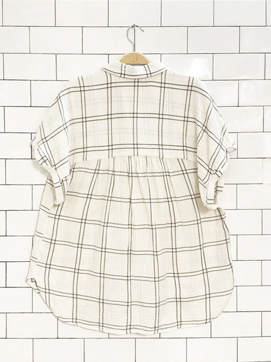 gauze cotton window pane plaid full button shirt - good market thrift store