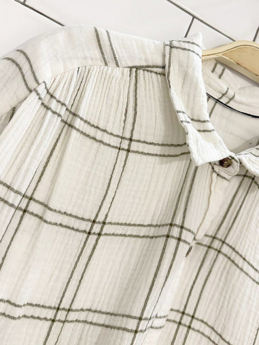 gauze cotton window pane plaid full button shirt - good market thrift store