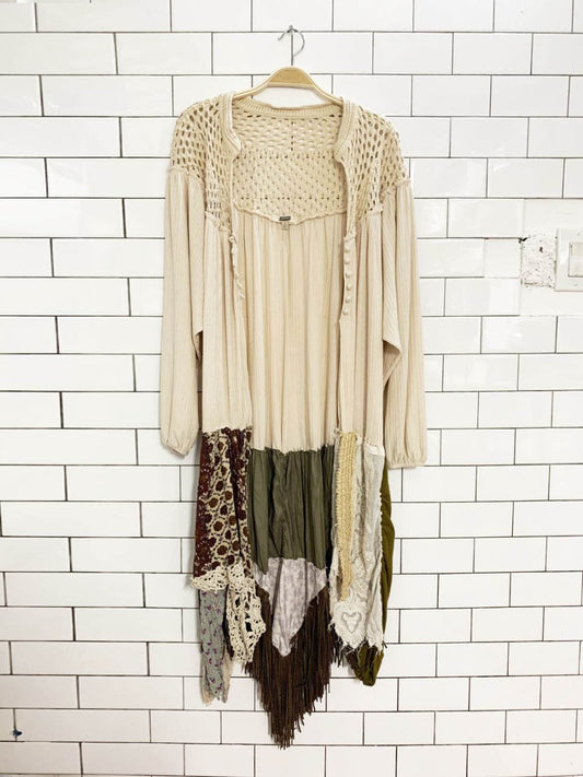 gimmick boho patchwork fringe long loose duster cardigan - good market thrift store