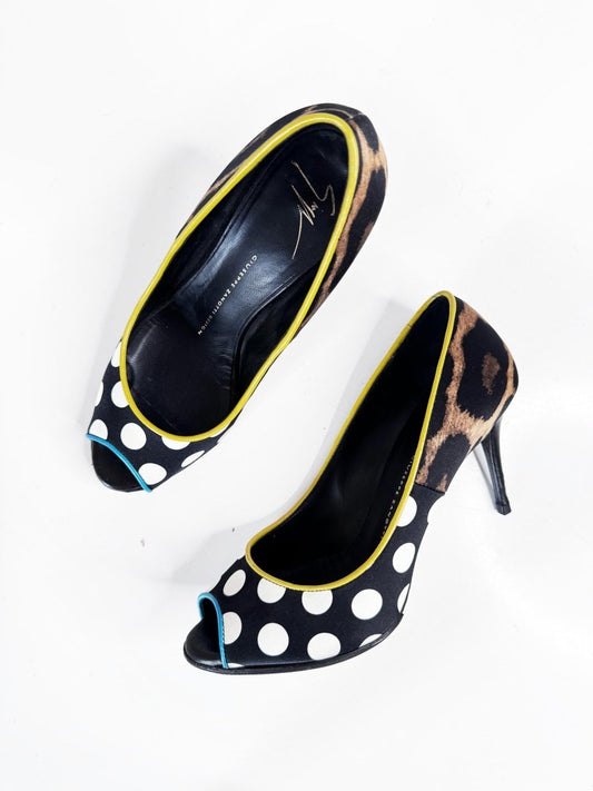 giuseppe zanotti satin + leather polka dot peep toe pumps | made in Italy - good market thrift store