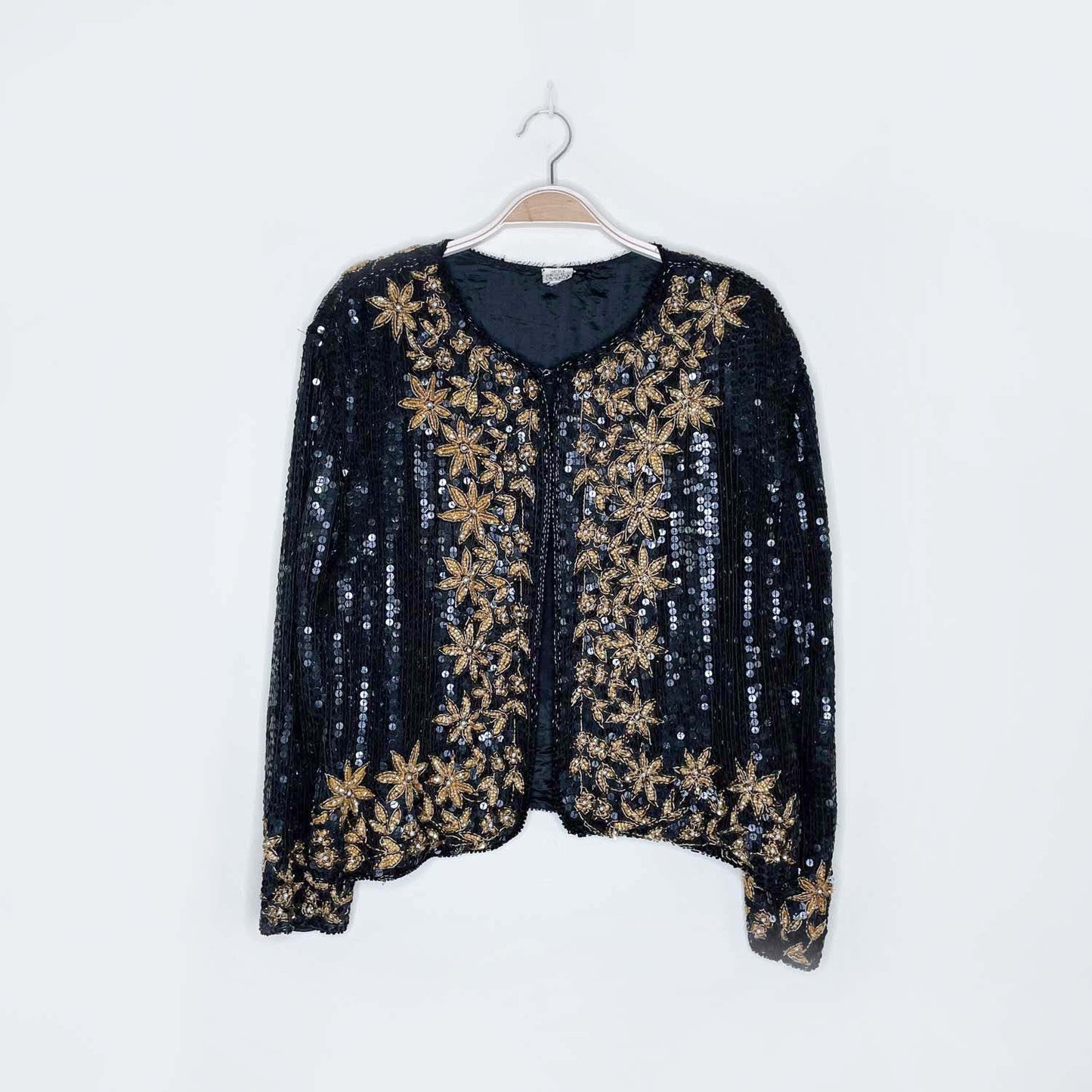 vintage black gold sequin poinsettia silk holiday jacket - size large