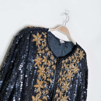 vintage black gold sequin poinsettia silk holiday jacket - size large