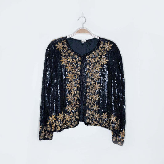 vintage black gold sequin poinsettia silk holiday jacket - size large