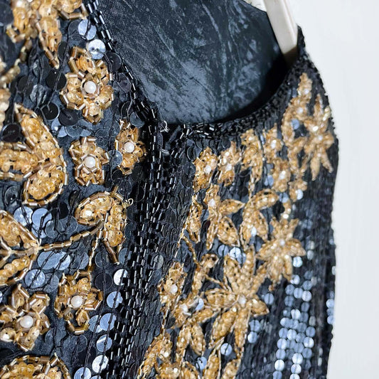vintage black gold sequin poinsettia silk holiday jacket - size large