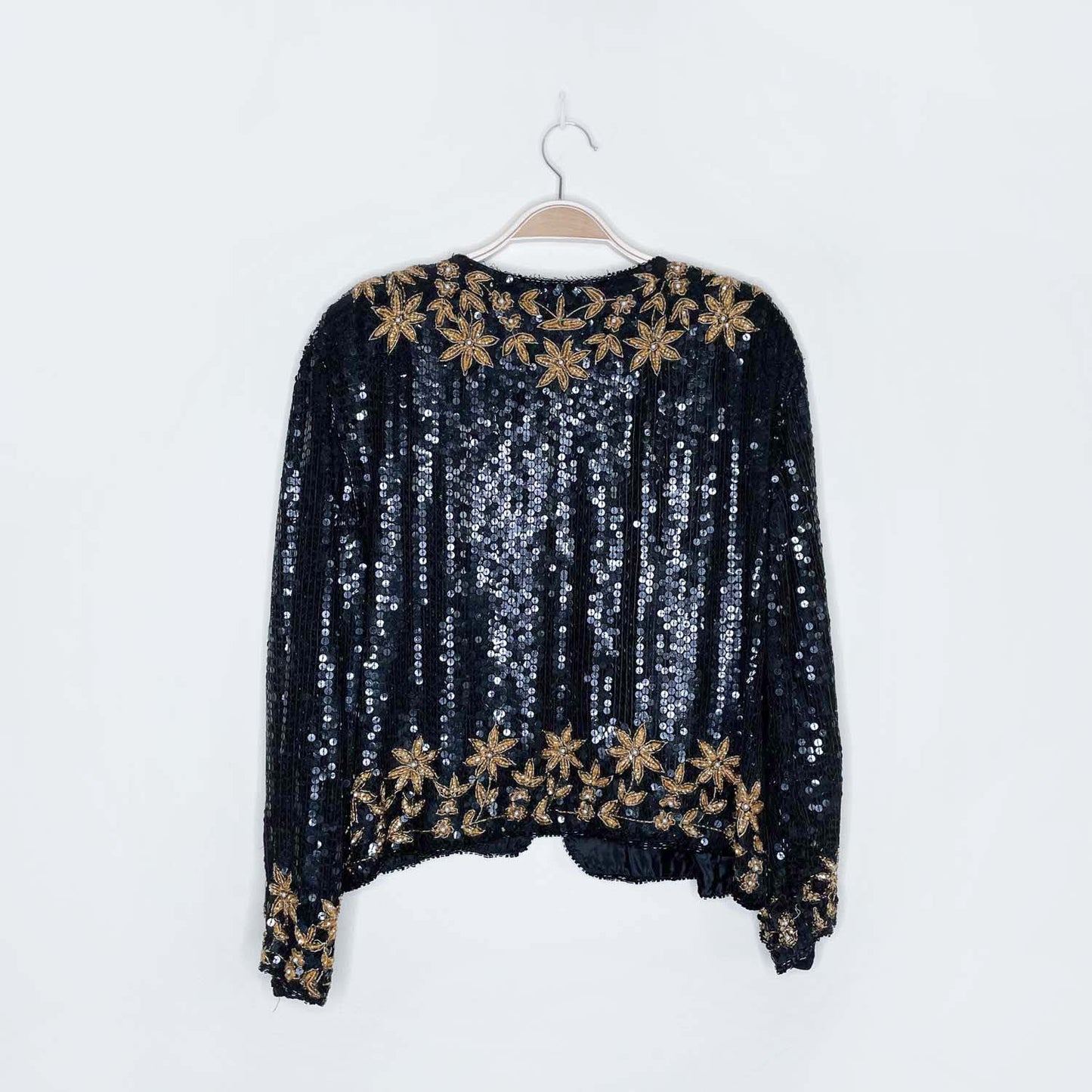 vintage black gold sequin poinsettia silk holiday jacket - size large