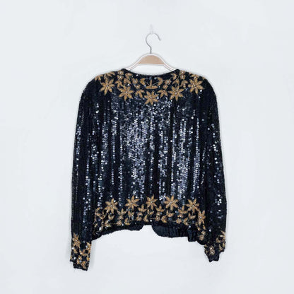 vintage black gold sequin poinsettia silk holiday jacket - size large