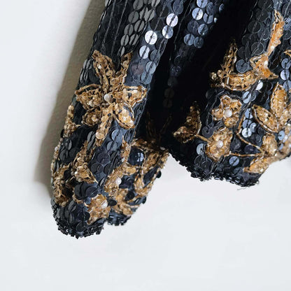 vintage black gold sequin poinsettia silk holiday jacket - size large