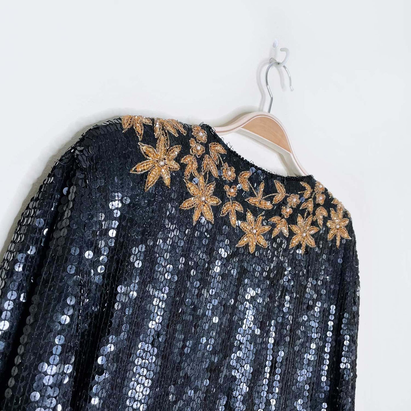 vintage black gold sequin poinsettia silk holiday jacket - size large