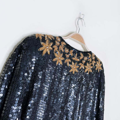 vintage black gold sequin poinsettia silk holiday jacket - size large