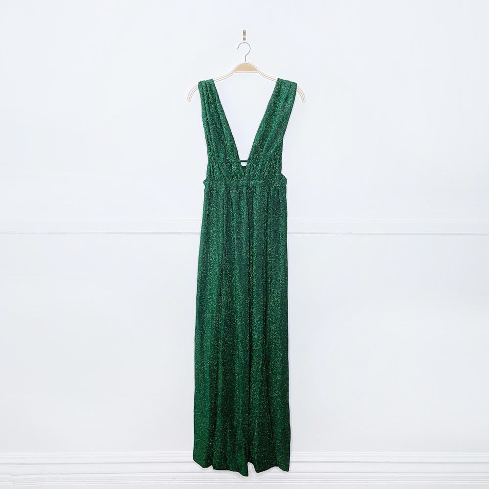 ruched goddess peekaboo high slit green glitter gown