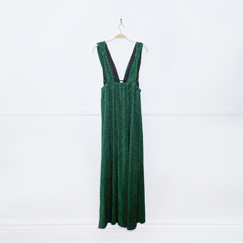ruched goddess peekaboo high slit green glitter gown