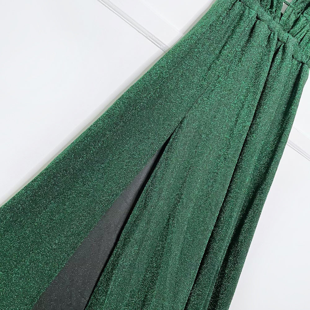 ruched goddess peekaboo high slit green glitter gown