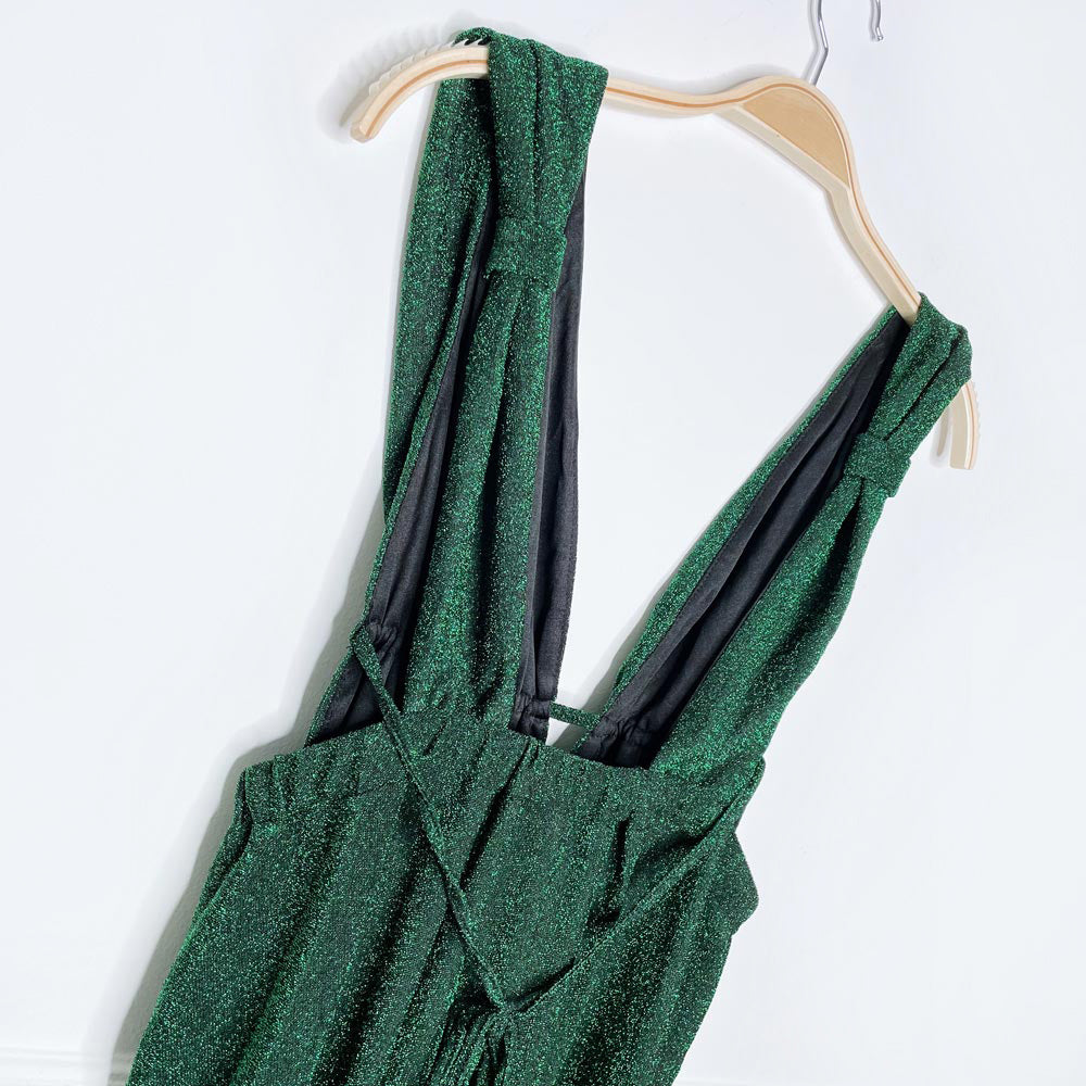 ruched goddess peekaboo high slit green glitter gown