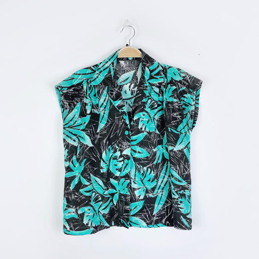 retro 80s ruched shoulder tropical muscle shirt