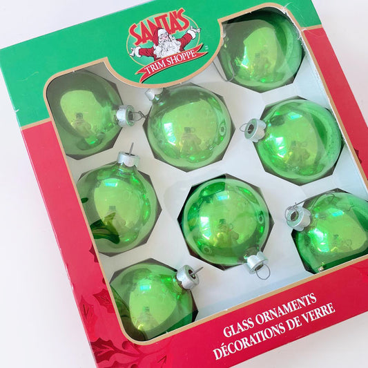 set of 8 vintage 00s green glass ornaments