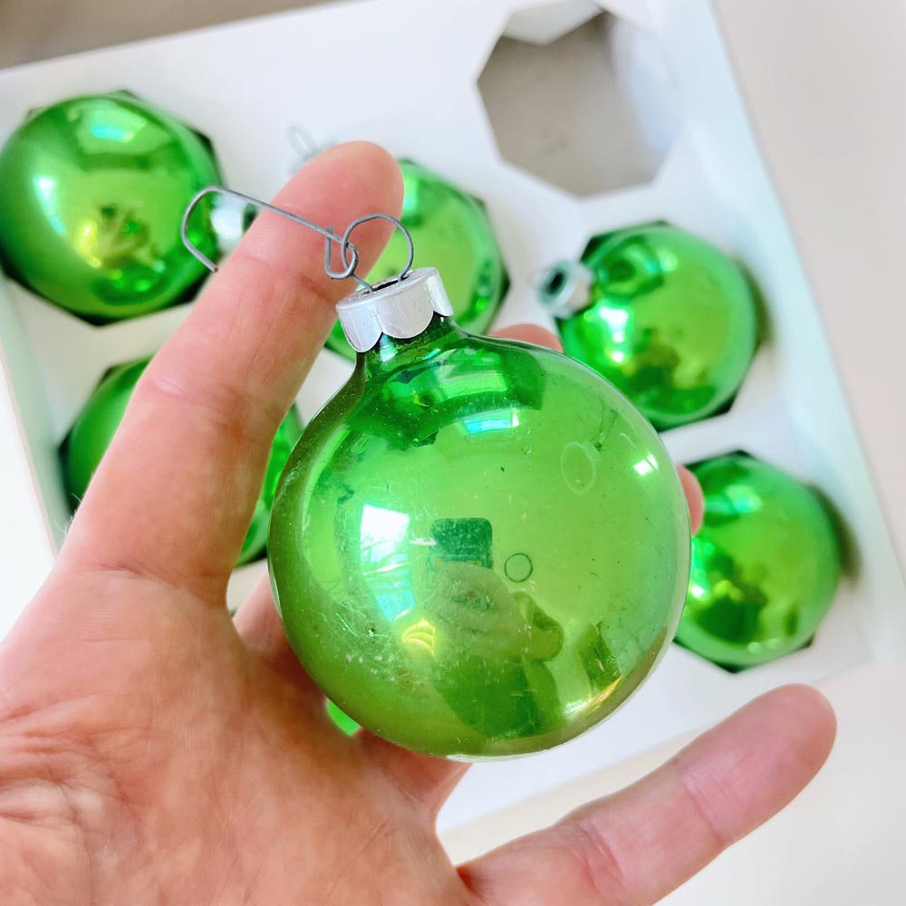 set of 8 vintage 00s green glass ornaments