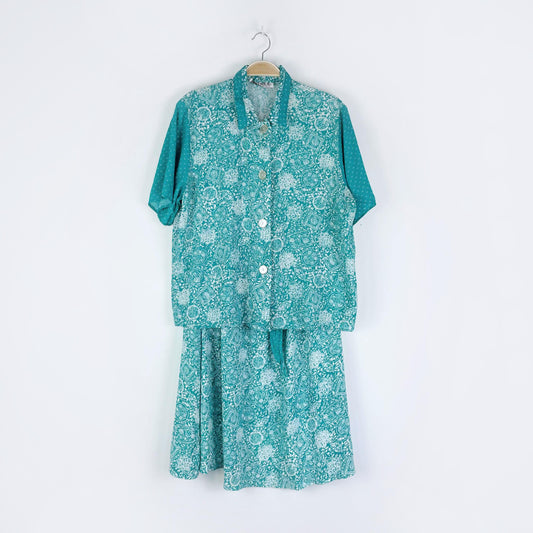 vintage 80s ashley taylor scarf print camp shirt and midi skirt set