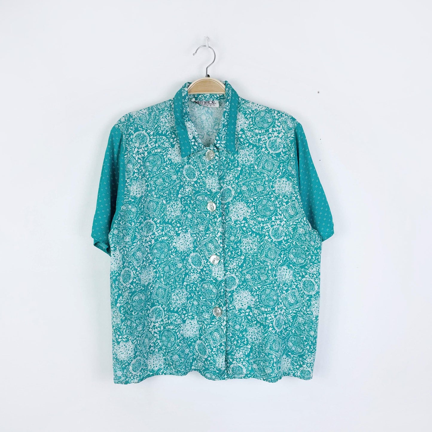 vintage 80s ashley taylor scarf print camp shirt and midi skirt set