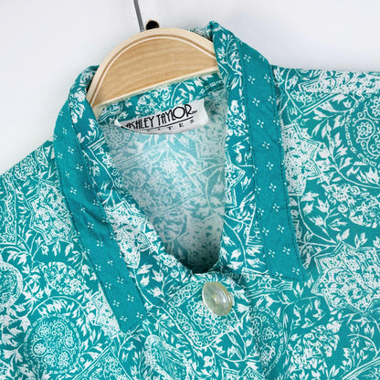 vintage 80s ashley taylor scarf print camp shirt and midi skirt set