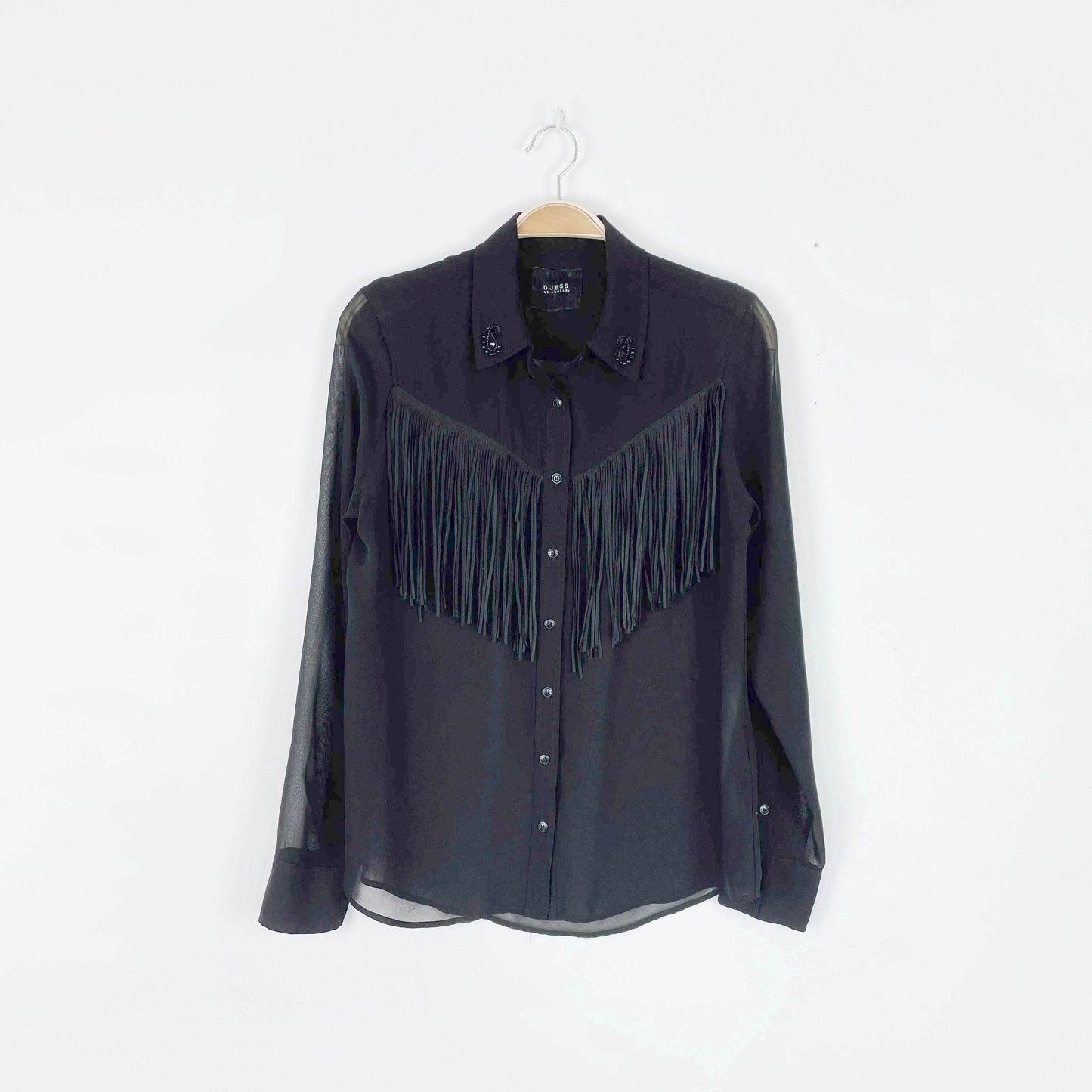 guess western fringe sheer button down