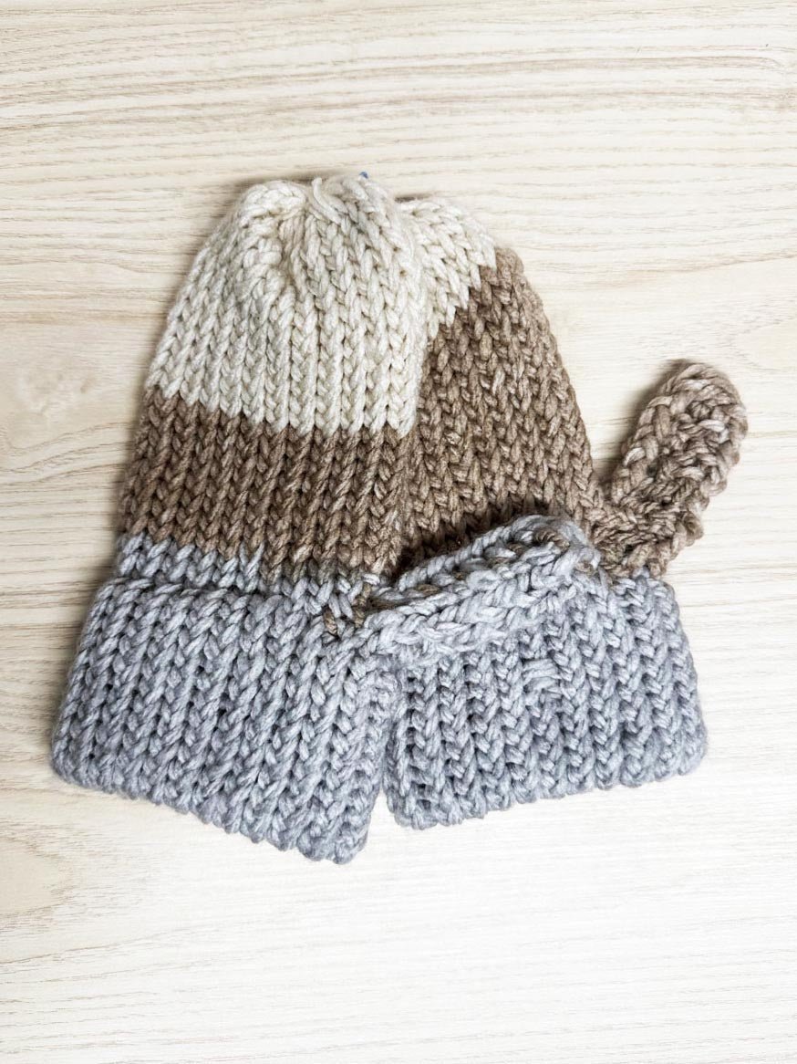 hand - knit chunky three - colour mittens - good market thrift store