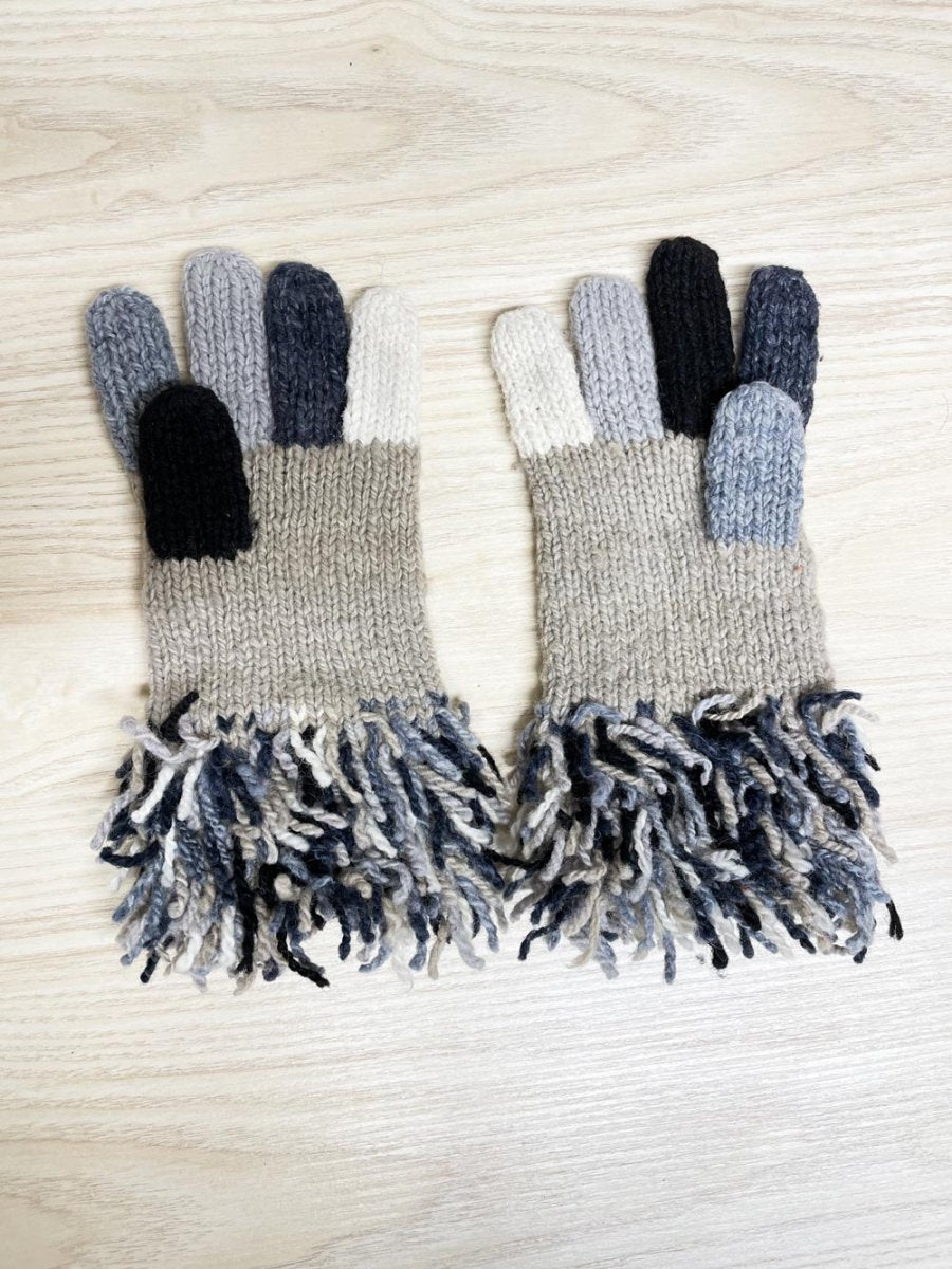 hand - knit wool fringe colourblock gloves - good market thrift store