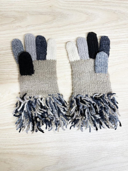 hand - knit wool fringe colourblock gloves - good market thrift store