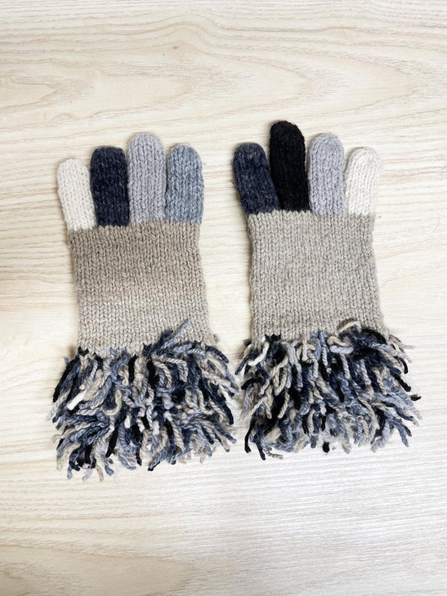 hand - knit wool fringe colourblock gloves - good market thrift store