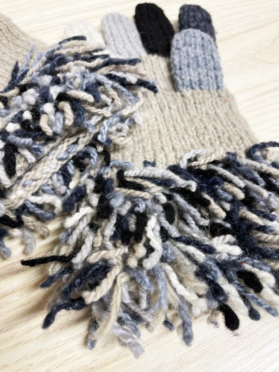 hand - knit wool fringe colourblock gloves - good market thrift store