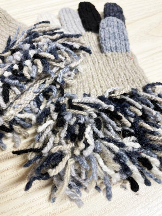 hand - knit wool fringe colourblock gloves - good market thrift store