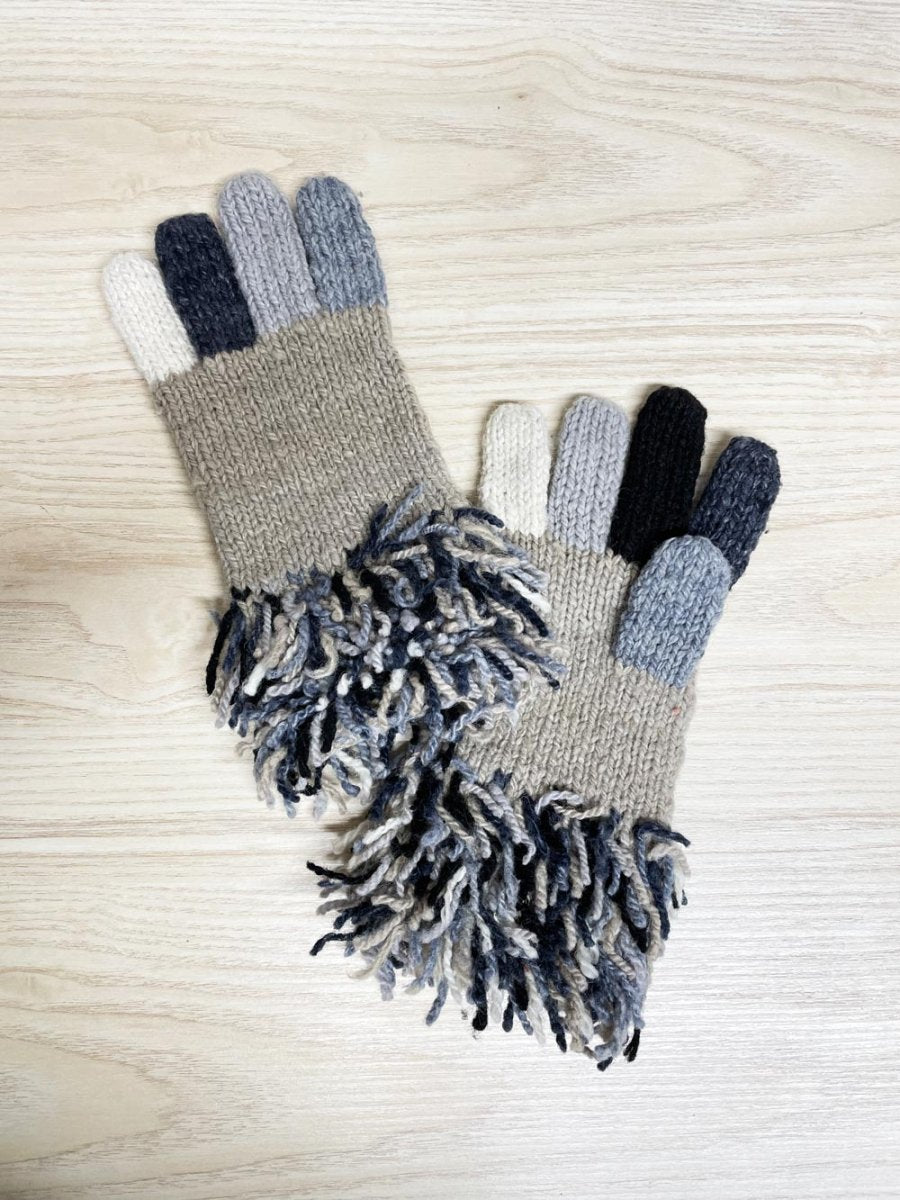 hand - knit wool fringe colourblock gloves - good market thrift store