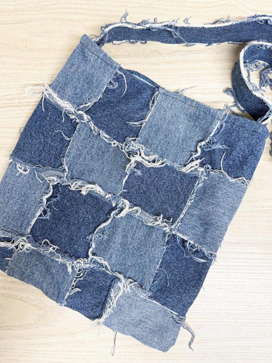 hand made distressed denim patch work shoulder bag | bandana lining - good market thrift store