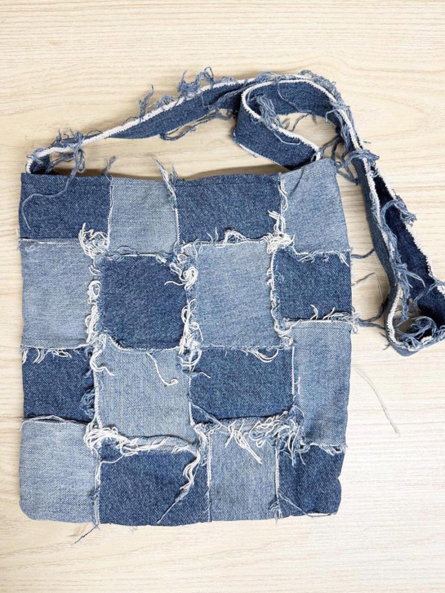 hand made distressed denim patch work shoulder bag | bandana lining - good market thrift store