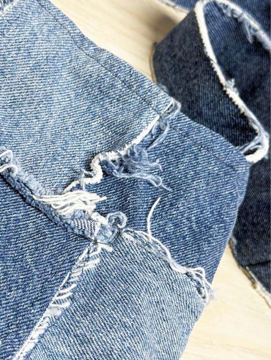 hand made distressed denim patch work shoulder bag | bandana lining - good market thrift store
