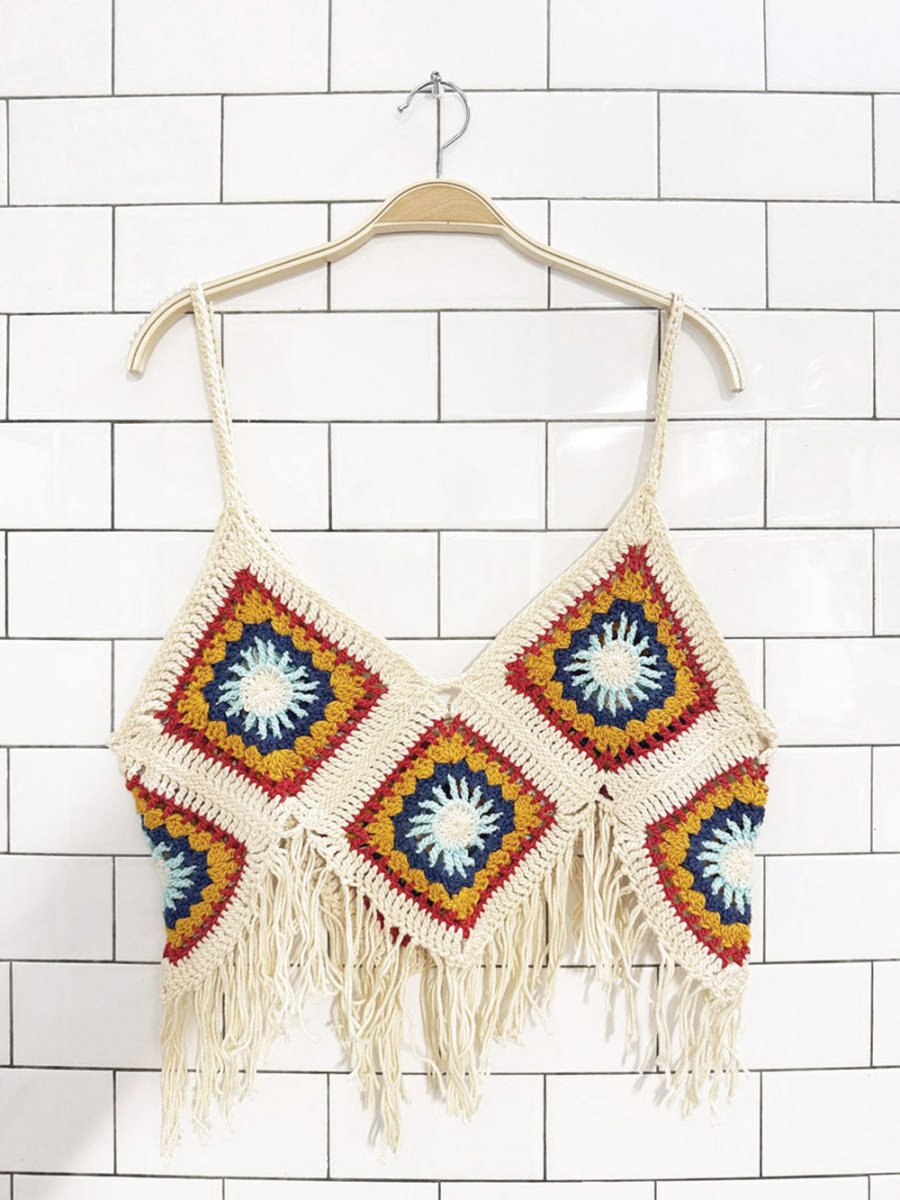 handmade crochet granny square fringe crop top - good market thrift store