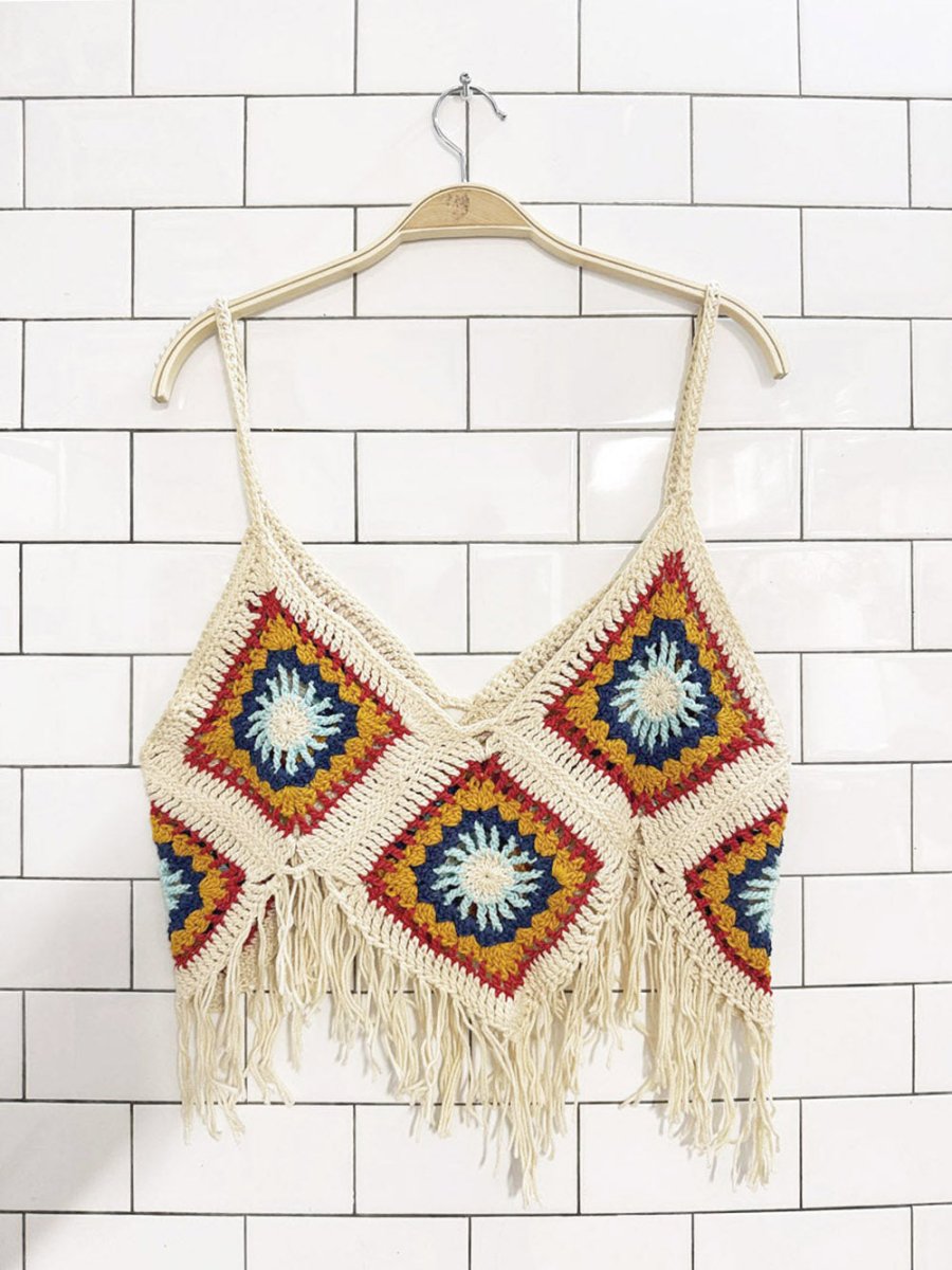handmade crochet granny square fringe crop top - good market thrift store